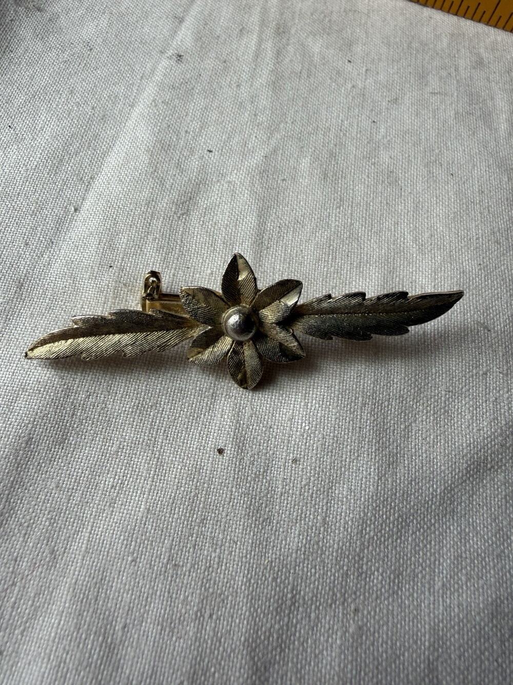 Vintage MAMSELLE Gold color Bar Brooch 2 " Flower with leaves, signed